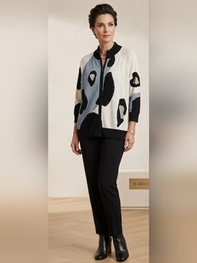 St. John Collection Abstract Animal Print Zip-Up Knit Cardigan Size L